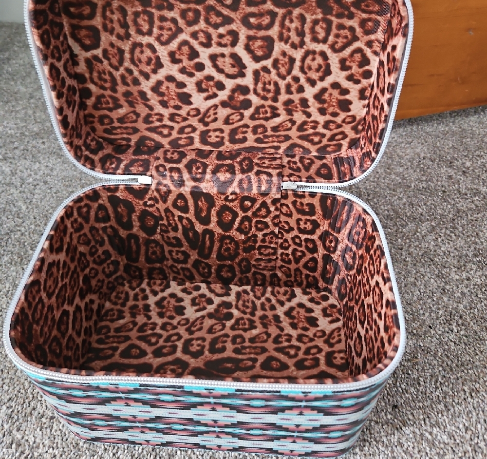 Southwestern Pattern Train Case Cosmetic Bag - Black, Teal, Coral - Picture 3 of 5